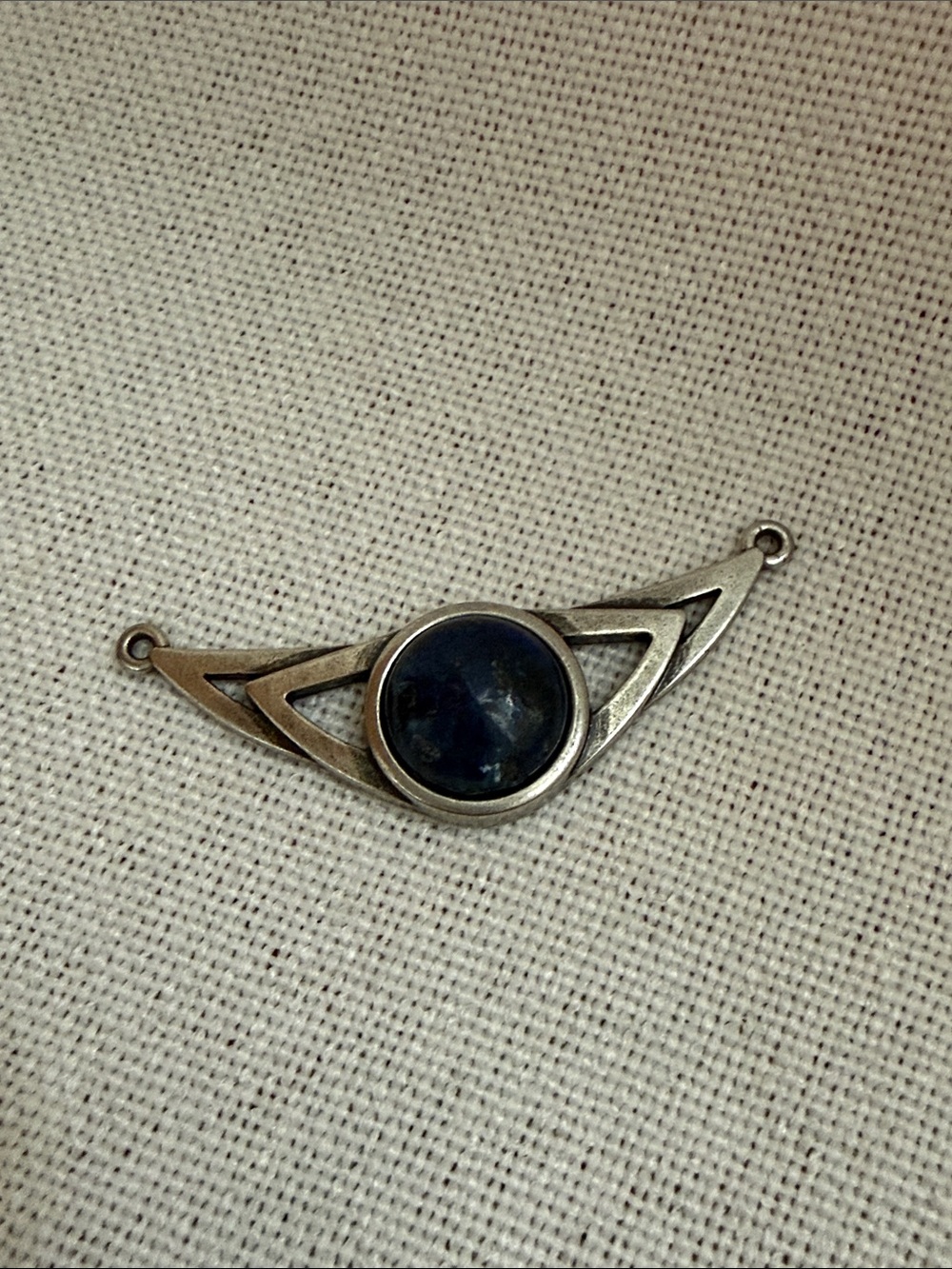 Silver Tone Connector Pendant with Dark Blue Stone